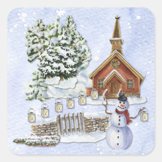 Watercolor Winter Church Quadratischer Aufkleber