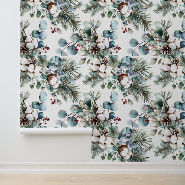 Watercolor Winter Cotton Pine Weihnachten Tapete (Anwendung)