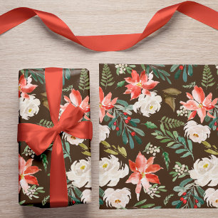 Watercolor Winter Floral Holly Berry Muster Brown Geschenkpapier