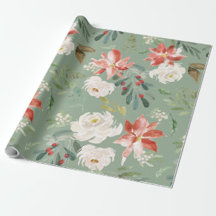 Watercolor Winter Floral Holly Berry Muster Green Geschenkpapier