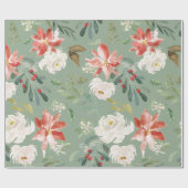 Watercolor Winter Floral Holly Berry Muster grün Geschenkpapier (Flach)