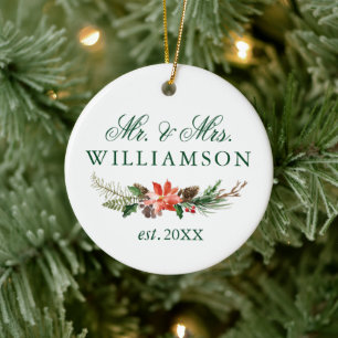 Watercolor Winter Floral Mr. und Mrs. FOTO BACK Keramik Ornament