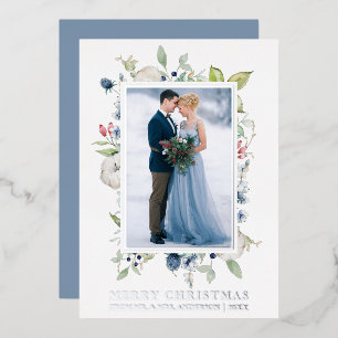Watercolor Winter Floral Newlywed Blue Silver Folien Feiertagskarte