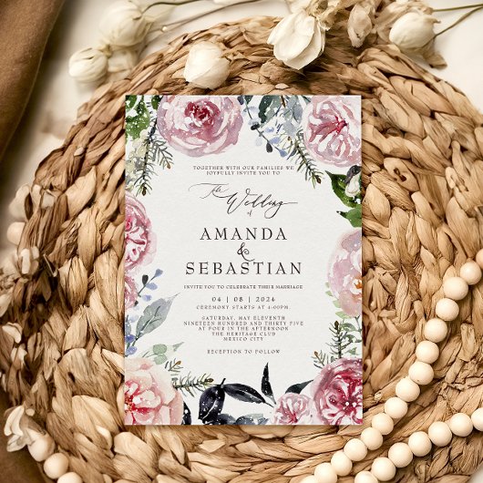 Watercolor Winter Floral Pink Frame Wedding Party Einladung