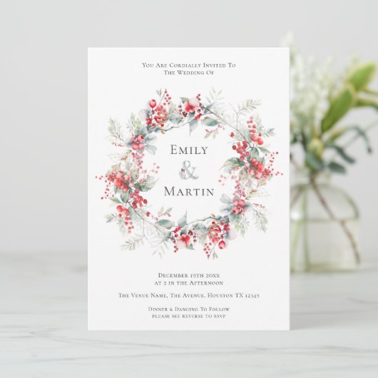 Watercolor Winter Foliage Berries Wreath Wedding Einladung (Stehend Vorderseite)