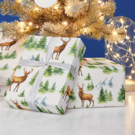 Watercolor Winter Forest - Deer and Snowy Trees -  Geschenkpapier
