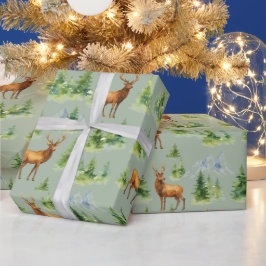 Watercolor Winter Forest - Deer and Snowy Trees -  Geschenkpapier