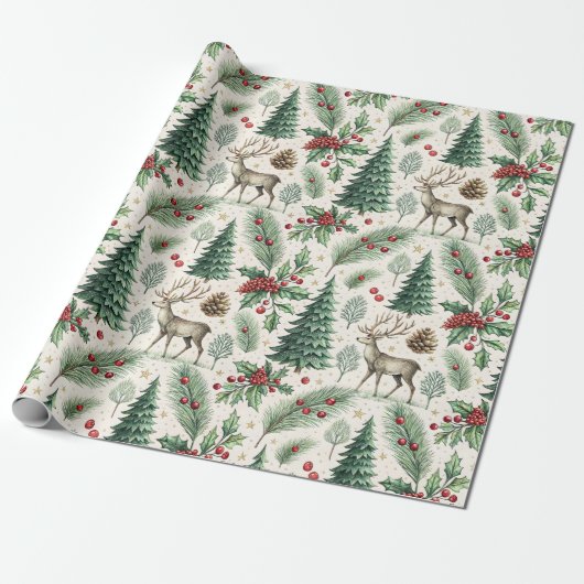 Watercolor Winter Forest Deer Christmas Geschenkpapier (Ungerollt)