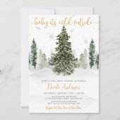 Watercolor Winter Forest Gold Baby Dusche Einladung (Vorderseite)