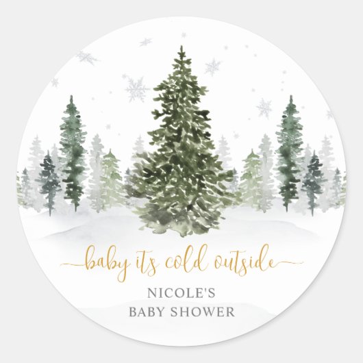 Watercolor Winter Forest Gold Baby Dusche Runder Aufkleber (Vorderseite)