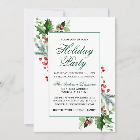 Watercolor Winter Greenery Holly Holiday Party Einladung (Vorderseite)