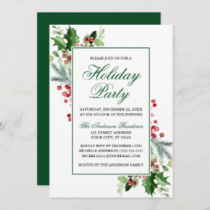 Watercolor Winter Greenery Holly Holiday Party Einladung