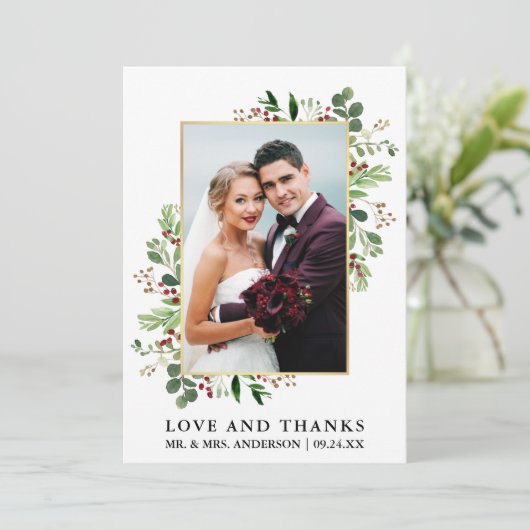 Watercolor Winter Greenery Liebe dank Gold Dankeskarte (Stehend Vorderseite)