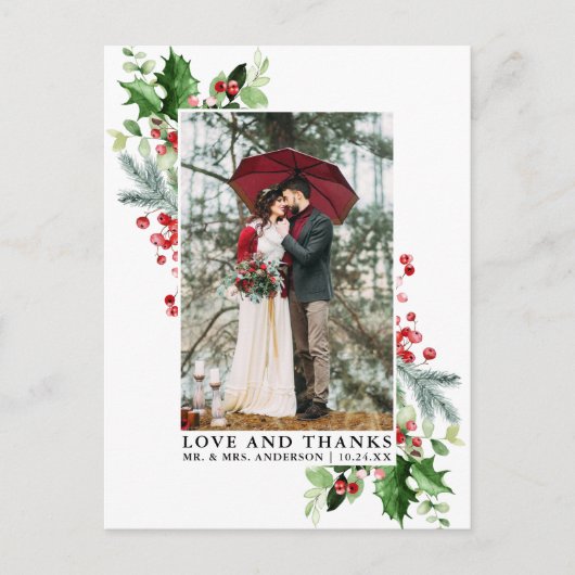 Watercolor Winter Greenery Liebe und Dank Hochzeit Postkarte (Vorderseite)