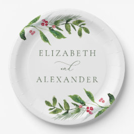 Watercolor Winter Greenery Moderne Weihnachten Pappteller