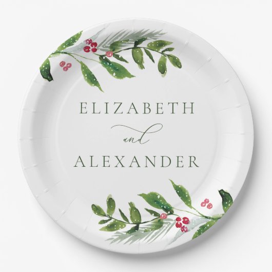 Watercolor Winter Greenery Moderne Weihnachten Pappteller (Vorderseite)