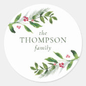 Watercolor Winter Greenery Moderne Weihnachten Runder Aufkleber (Vorderseite)