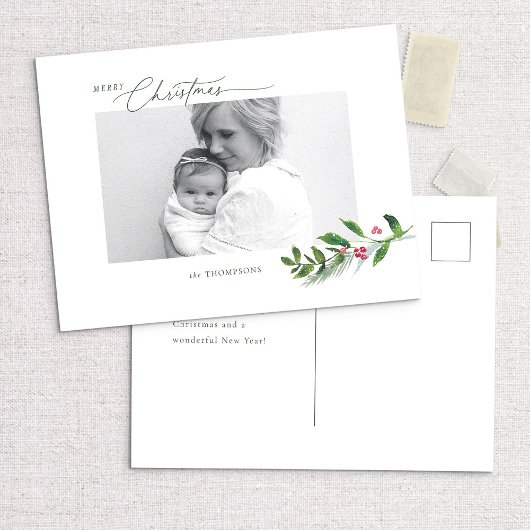 Watercolor Winter Greenery Modernes Weihnachtsfest Postkarte