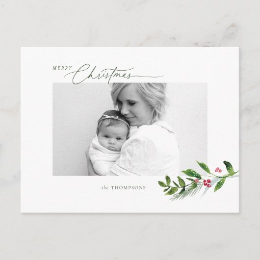 Watercolor Winter Greenery Modernes Weihnachtsfest Postkarte (Vorderseite)