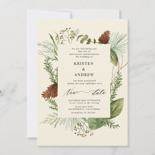 Watercolor Winter Greenery Posponed Wedding Einladung (Vorderseite)