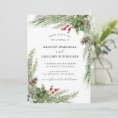 Watercolor Winter Greenery Red Berries Wedding Einladung (Stehend Vorderseite)