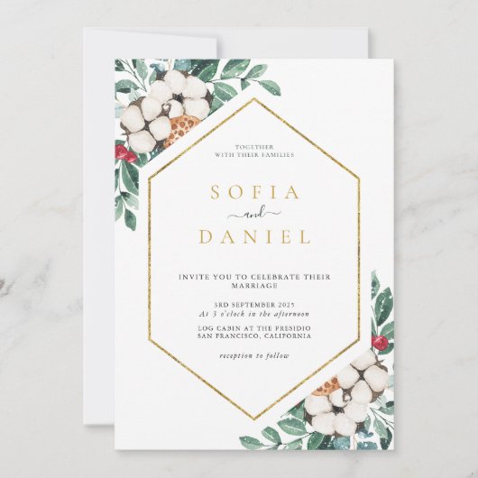 Watercolor Winter Hexagonal Frame Wedding Einladung (Vorderseite)