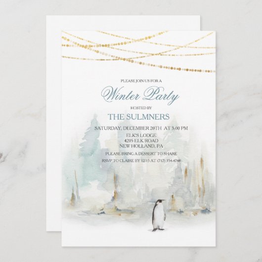 Watercolor Winter Holiday Party Pinguin Einladung (Vorne/Hinten)