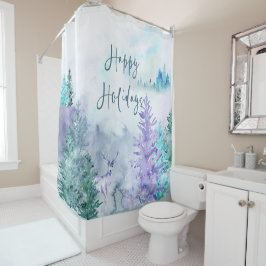 Watercolor Winter Landscape Happy Holidays Duschvorhang