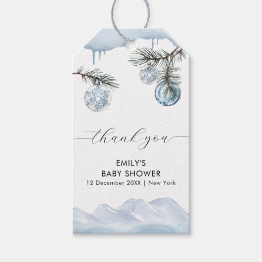 Watercolor Winter Mountain Snowflake Baby Shower Geschenkanhänger (Vorderseite)