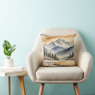 Watercolor Winter Mountain Valley Scene Kissen
