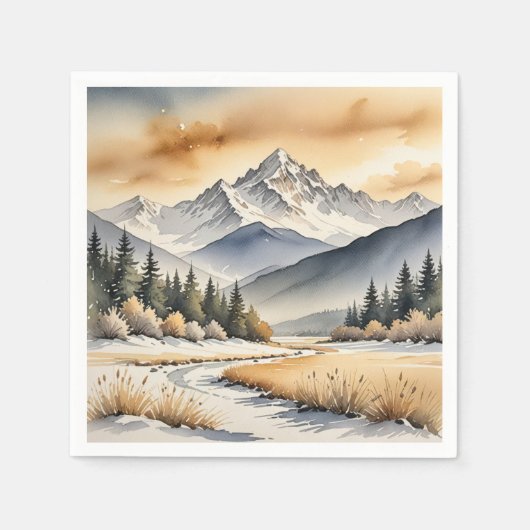 Watercolor Winter Mountain Valley Serviette (Vorderseite)