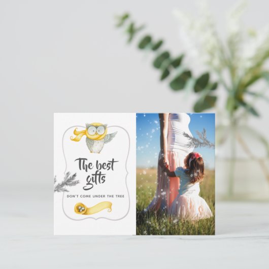 Watercolor Winter Owl Weihnachtsbaby erwartet Ankündigungspostkarte (Stehend Vorderseite)