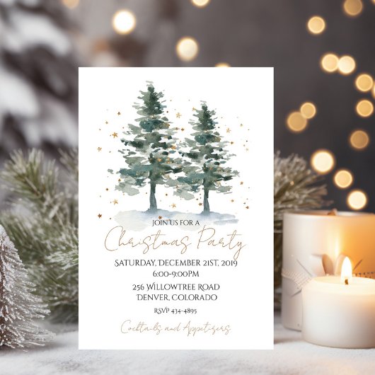 Watercolor Winter Pine Gold Weihnachten Einladung