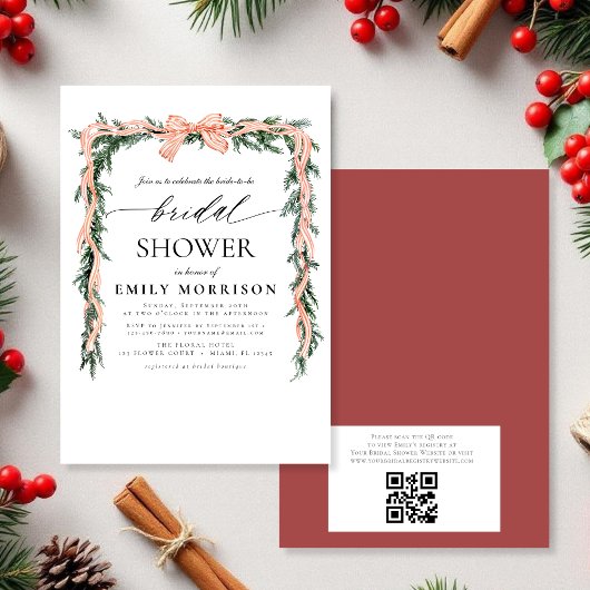 Watercolor Winter Red Bow QR Code Bridal Shower Einladung