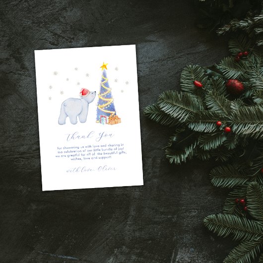 Watercolor Winter Santa Polar Bear Baby Shower Dankeskarte