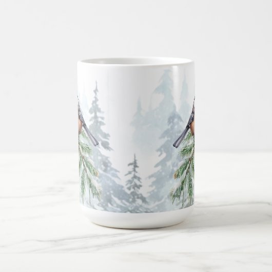Watercolor Winter Spruce Tree Chickadee Kaffeetasse (Mittel)