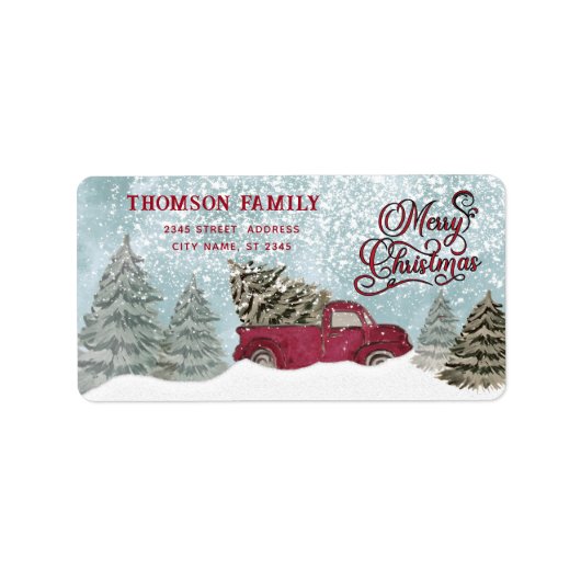 Watercolor Winter Szene roter LKW Weihnachten Adressaufkleber (Vorne)