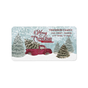 Watercolor Winter Szene roter LKW Weihnachten Adressaufkleber