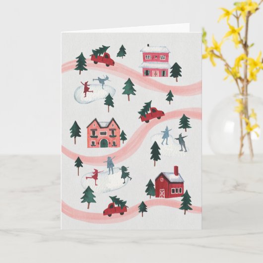 Watercolor Winter Village Scene Holiday Card Karte (Gelbe Blume)
