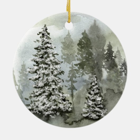 Watercolor Winter-Waldlandschaft Keramik Ornament (Hinten)