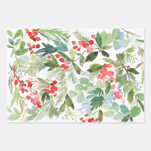 Watercolor Winterberry Holly Pattern Weihnachten Geschenkpapier Set (Vorderseite)
