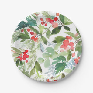 Watercolor Winterberry Holly Pattern Weihnachten Pappteller