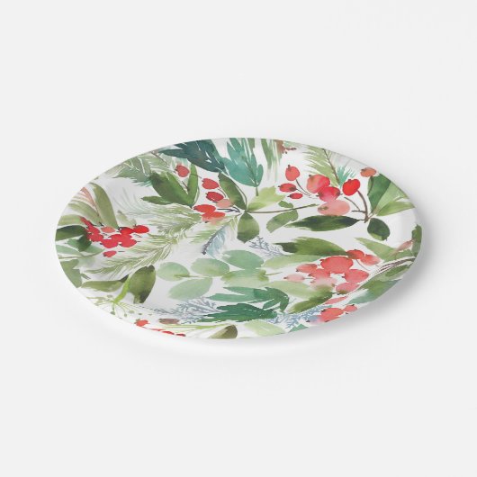 Watercolor Winterberry Holly Pattern Weihnachten Pappteller (Schrägansicht)