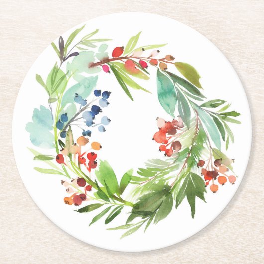 Watercolor Winterberry Holly und Junior Christmas Runder Pappuntersetzer (Vorderseite)