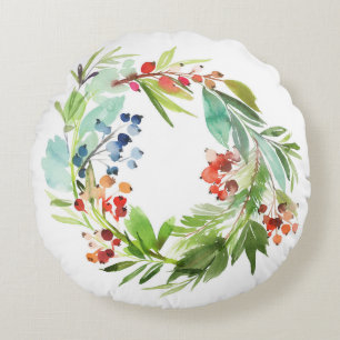 Watercolor Winterberry Holly und Junior Christmas Rundes Kissen