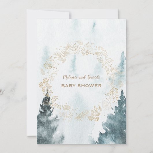 Watercolor Winterlandschaft Gold Wreath Baby Dusch Einladung (Rückseite)