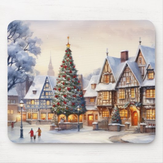 Watercolor Winterlandschaft Weihnachtsdorf Mousepad (Vorne)