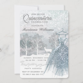 Watercolor Winterszene blaues Kleid Quinceañera Einladung