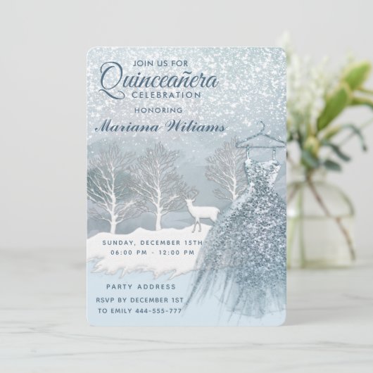 Watercolor Winterszene blaues Kleid Quinceañera In Einladung (Stehend Vorderseite)