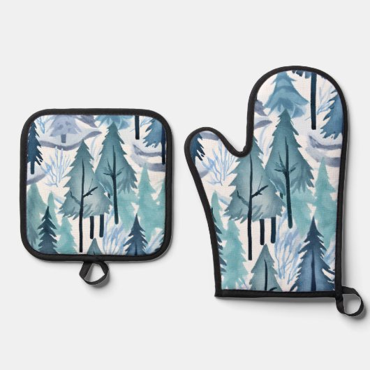 Watercolor Winterwald Nahtloses Muster Ofenhandschuh & Topflappen-Set (Vorderseite)